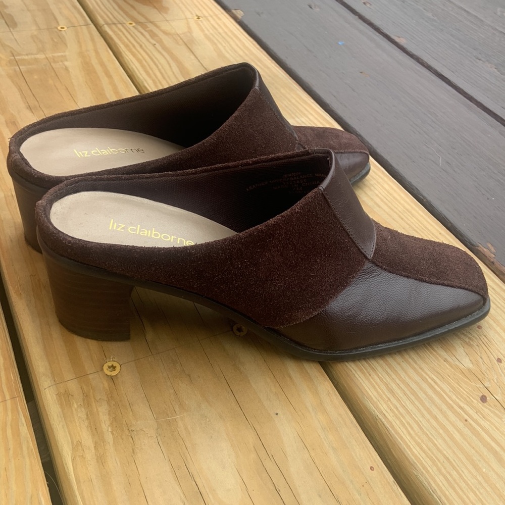 Brown Leather and Suede Slip On Heels 2" Heel size 7